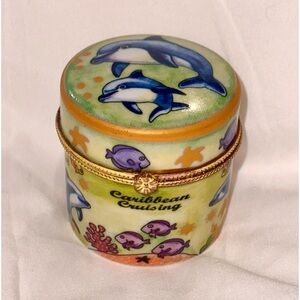 Pill Trinket Snuff Box Caribbean Cruise Dolphin Colorful Motif Brass Hinged